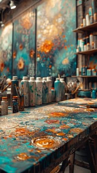 Soft Focus on a Vibrant Art Studio Brimming with Creativity and Color, The blurred edges of art pieces and supplies convey the messy beauty of artistic endeavor.