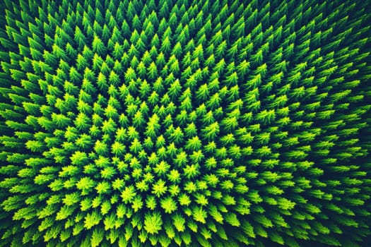 The image is a green and yellow background with a pattern of trees in the foreground.