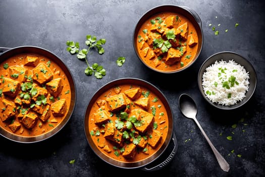 The image shows three bowls of curry with rice and vegetables on a table.