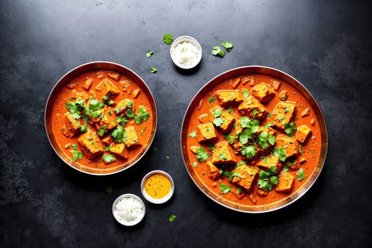 The image shows two plates of food, one with chicken curry and the other with rice and vegetables.
