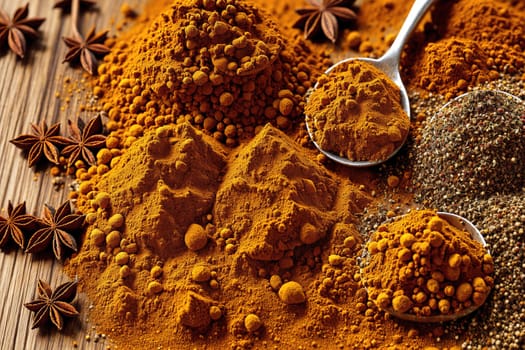 The image shows a pile of spices, including cumin, coriander, turmeric, and cinnamon, on a wooden surface with a wooden spoon and other utensils nearby.