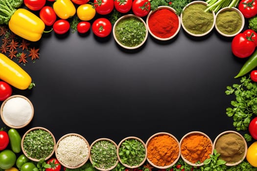 The image shows a variety of spices and herbs arranged in small bowls on a dark background.