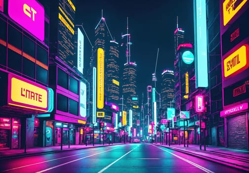 The image depicts a city street at night with neon lights and colorful buildings in the background.