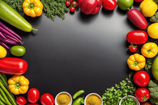 The image is a colorful arrangement of various fruits and vegetables, including tomatoes, carrots, bell peppers, cucumbers, and lettuce, arranged in a circular frame.
