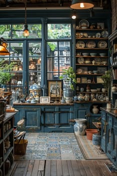 Charming Antique Shop Offering Hidden Gems to Collectors, The dusty blur of antiques and curios paints a scene of treasure-hunting business.