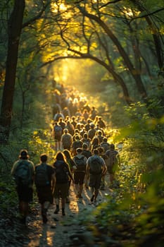 Nature Hiking Trail with Families Enjoying a Weekend Walk, The blur of movement amid greenery suggests the active pursuit of outdoor recreation.