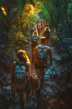 Nature Hiking Trail with Families Enjoying a Weekend Walk, The blur of movement amid greenery suggests the active pursuit of outdoor recreation.