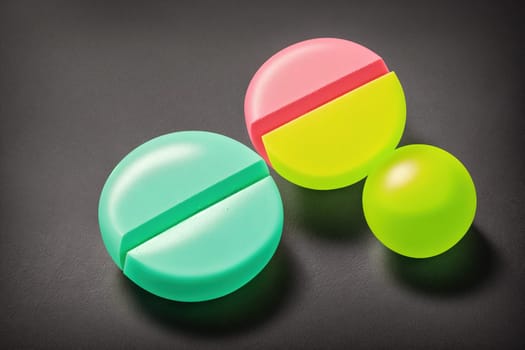 The image shows three colorful pills on a gray background.