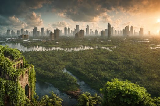 The image shows a cityscape with tall buildings and a river running through the middle of the city, surrounded by lush greenery and trees.