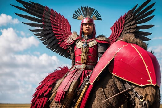 The image shows a woman in a red and gold costume riding a white horse, with her arms outstretched and wings on her back.