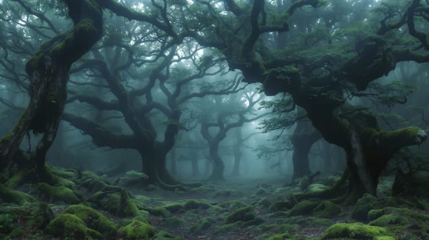 A serene twilight veils an ancient forest, with gnarled trees shrouded in mist, moss-covered grounds adding a lush green to the scene - Generative AI