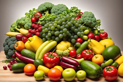 The image depicts a pile of various fruits and vegetables, including apples, bananas, carrots, broccoli, and tomatoes.