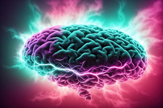 The image is a depiction of the human brain, with the left and right hemispheres of the brain shown in different colors.