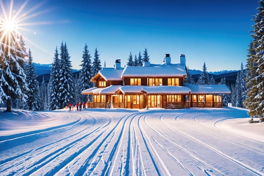 The image shows a large, snow-covered house with a long driveway leading up to it, surrounded by tall evergreen trees in the background.