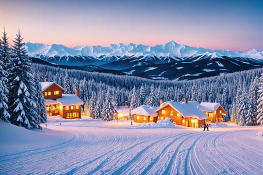 The image shows a winter scene with snow-covered trees and houses in the foreground, a mountain range in the background, and a clear blue sky with fluffy white clouds.