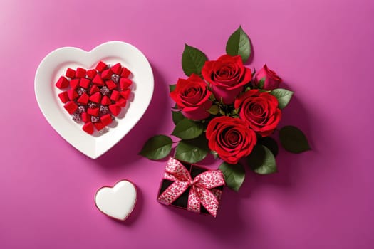 The image shows a pink heart-shaped box filled with red roses and a white heart on a pink background.