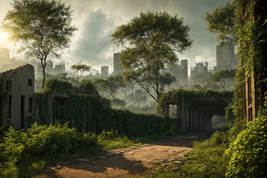 The image shows a dilapidated, overgrown, and abandoned building in the middle of a dense forest with tall trees on either side of the road.