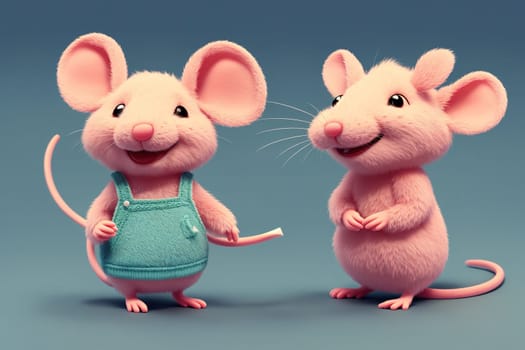 The image shows two cartoon mice standing next to each other, one wearing a dress and the other wearing overalls, both with big smiles on their faces.