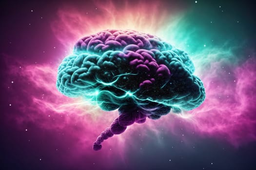 The image depicts a stylized representation of the human brain floating in space, surrounded by clouds and stars.