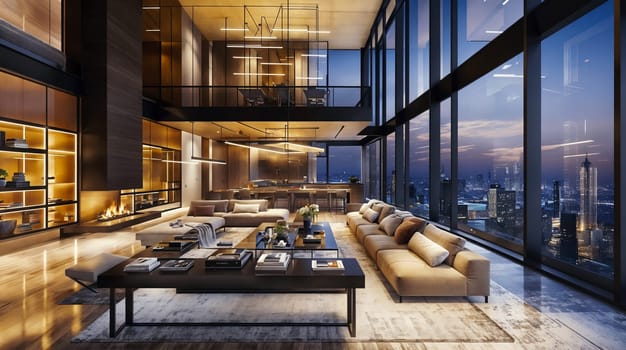 A spacious and modern high-rise apartments living room is illuminated warmly as twilight sets in, offering a stunning view of the city skyline through floor-to-ceiling windows - Generative AI