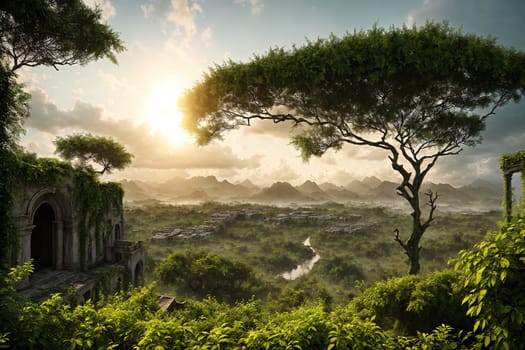 The image depicts a scenic landscape with a ruined temple in the foreground, surrounded by lush greenery and misty mountains in the background.