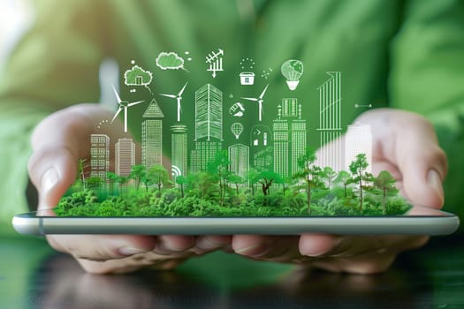A person holding a tablet showing a green city.