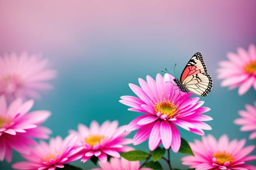 The image shows a group of pink flowers with butterflies flying around them on a blue background.
