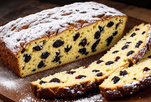 The image shows a slice of blueberry cake on a wooden cutting board, with a sprinkling of powdered sugar on top.