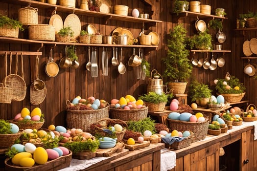 The image shows a room filled with baskets of eggs, pots, and other kitchen utensils.