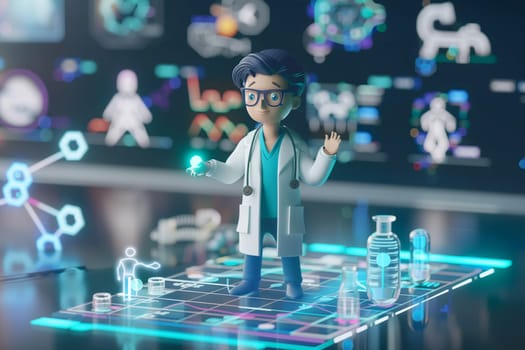 A man in a lab coat holding a beaker filled with liquid, conducting an experiment in a laboratory setting.