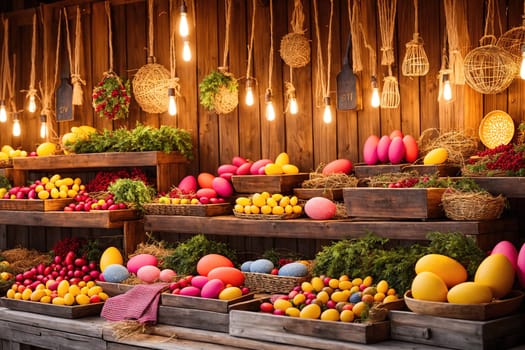 The image shows a colorful display of fresh fruits and vegetables arranged in baskets and crates on a wooden shelf, with hanging lanterns and other decorations in the background.