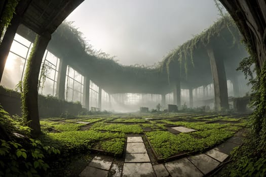 The image shows a large, empty room with a high ceiling and large windows on either side, surrounded by lush greenery and a misty atmosphere.