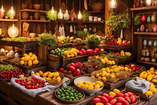 The image shows a colorful and well-stocked grocery store with various fruits, vegetables, and other food items displayed on shelves and in baskets.