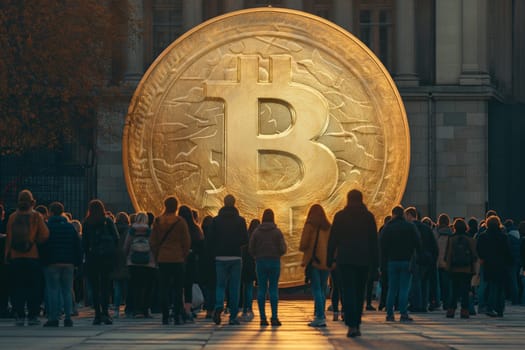 A diverse group of individuals stands together in front of a massive golden bitcoin. The group appears engaged and curious, observing the towering cryptocurrency symbol.