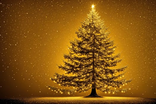 The image is a silhouette of a Christmas tree standing alone in a snowy field, with the sun shining behind it.