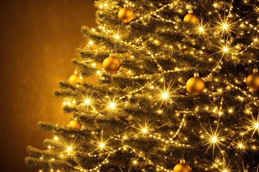 The image is a Christmas tree with gold ornaments hanging from the branches.