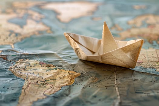 A paper boat floats gracefully on top of a detailed map, showcasing the intricacies of navigation and travel.