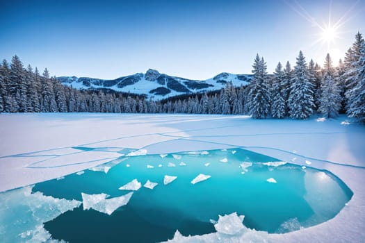 The image shows a frozen lake with snow covered mountains in the background, with the sun shining through the clouds.