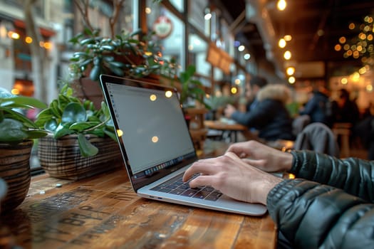 A person sitting at a table, focused on their laptop computer screen. Mockup.