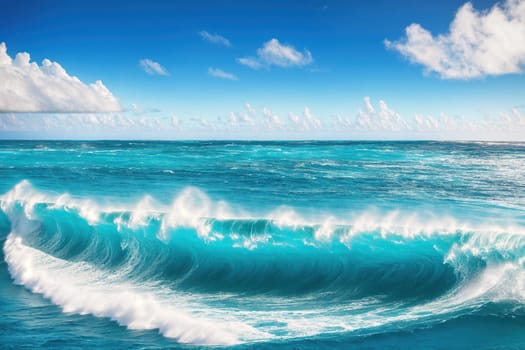 The image is a blue ocean with large waves crashing against the shore, creating a dramatic and powerful scene.