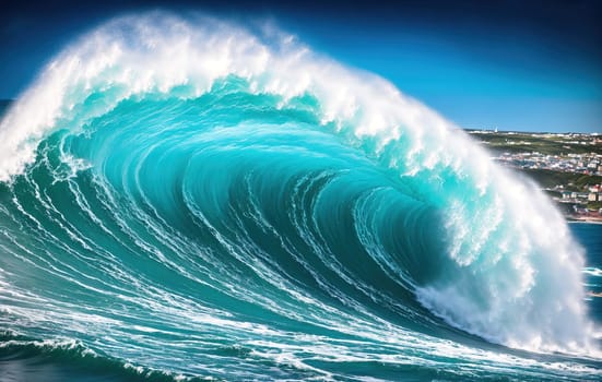 The image shows a large wave crashing against the shore, with the sun setting in the background.