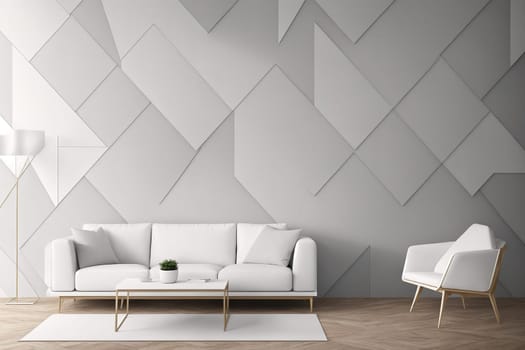 The image is a white living room with a couch, coffee table, and two chairs.