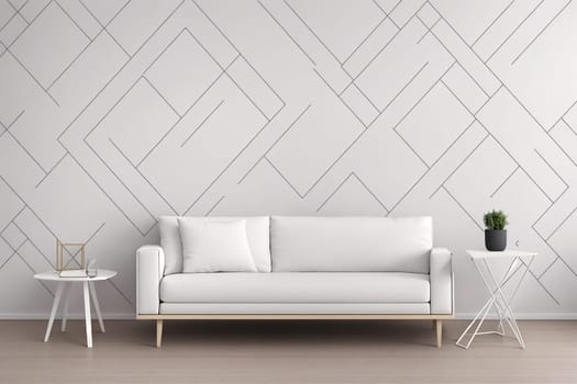 The image is a white couch sitting in front of a white wall with a geometric pattern of black and white lines.