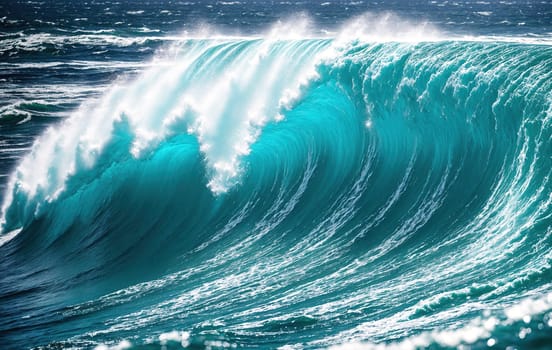 The image depicts a large wave crashing against the shore, with white foam and spray rising up from the water.