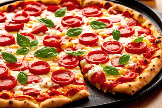 The image shows a pizza with red sauce, mozzarella cheese, and various toppings on a black background.