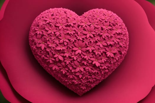 The image is a heart-shaped flower with pink petals and green leaves.