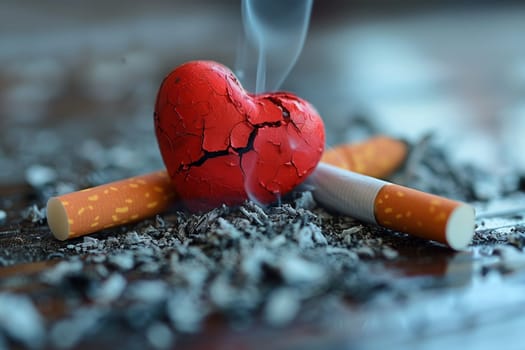 A broken cigarette and a heart-shaped cigarette placed on a table.