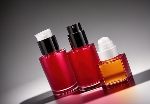 The image is a group of three bottles of pink, red, and clear liquid on a white background.