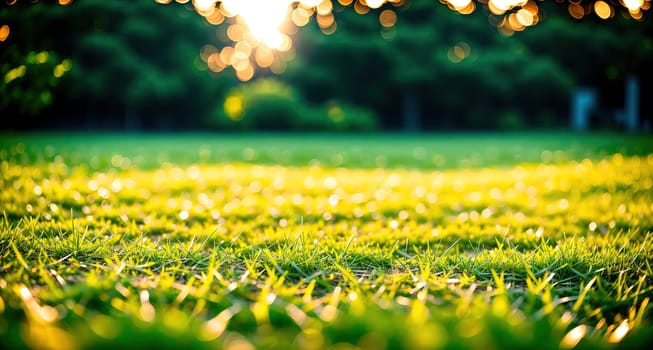 The image shows a green grassy field with trees in the background, with the sun shining down on it.