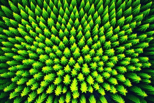 A close up of a forest with many green trees. The trees are all lined up in a row, and the image has a peaceful and serene mood